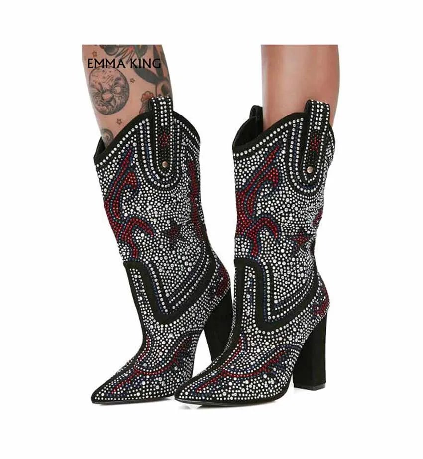 

New Pointed Toe Women Boots Charming Western Cowboy Suede Booties Crystal Decorative Thick Heel Shoes Woman Party Heels Ladies