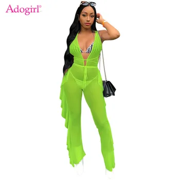 

Adogirl Fluorescent Color Sheer Mesh Ruffle Jumpsuit Women Sexy Deep V Neck Sleeveless Party Romper Night Club Overalls Outfits