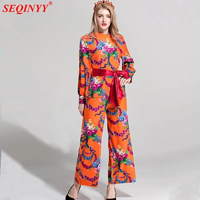 SEQINYY, женский костюм, брюки, весна-лето, Ретро стиль, Свободный Топ+ широкие штаны, цветные, с цветочным принтом, элегантные оранжевые брюки, комплект - Цвет: Оранжевый
