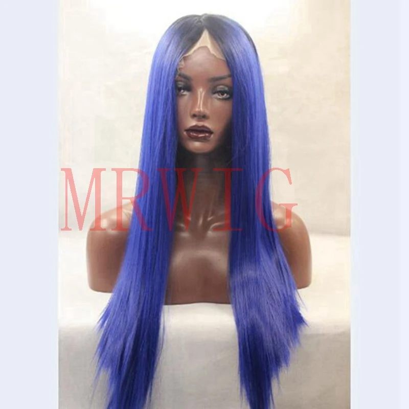 MRWIG длинные шелковистые прямые короткие темные корни ombre синий синтетический спереди парик шнурка для черные женские средняя часть