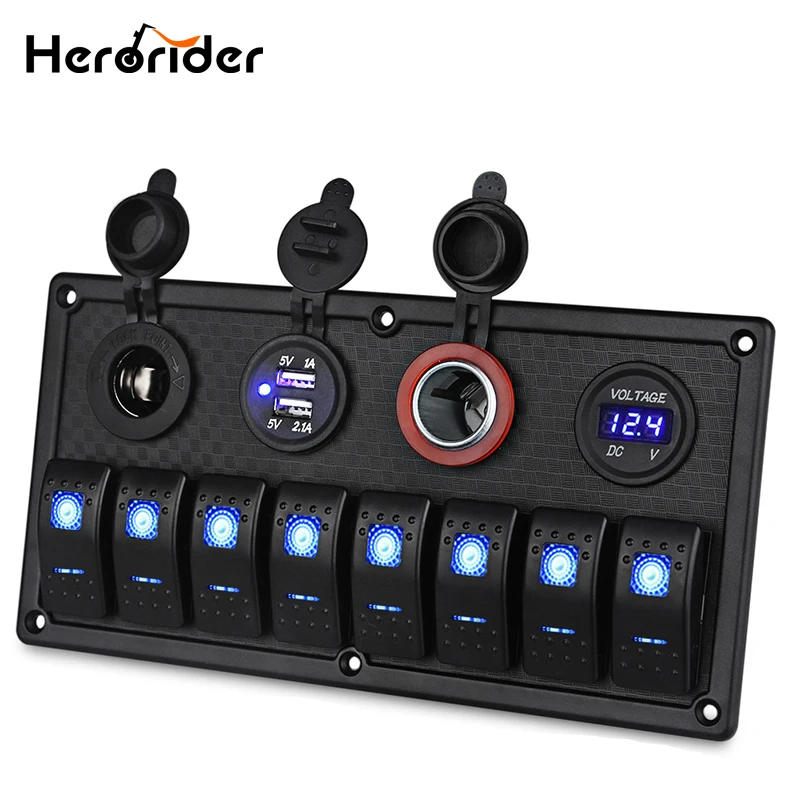 

Herorider 8 Gang 12-24V Rocker Switch Panel Control Car Marine Boat Voltmeter Cigarette Lighter Socket Dual USB Charging Ports