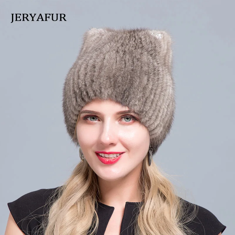 JERYAFUR, зимняя женская модная Лыжная шапка из меха норки, Зимний пуловер, шапка, украшенная водными бриллиантами, меховая шапка в форме кошачьих ушей