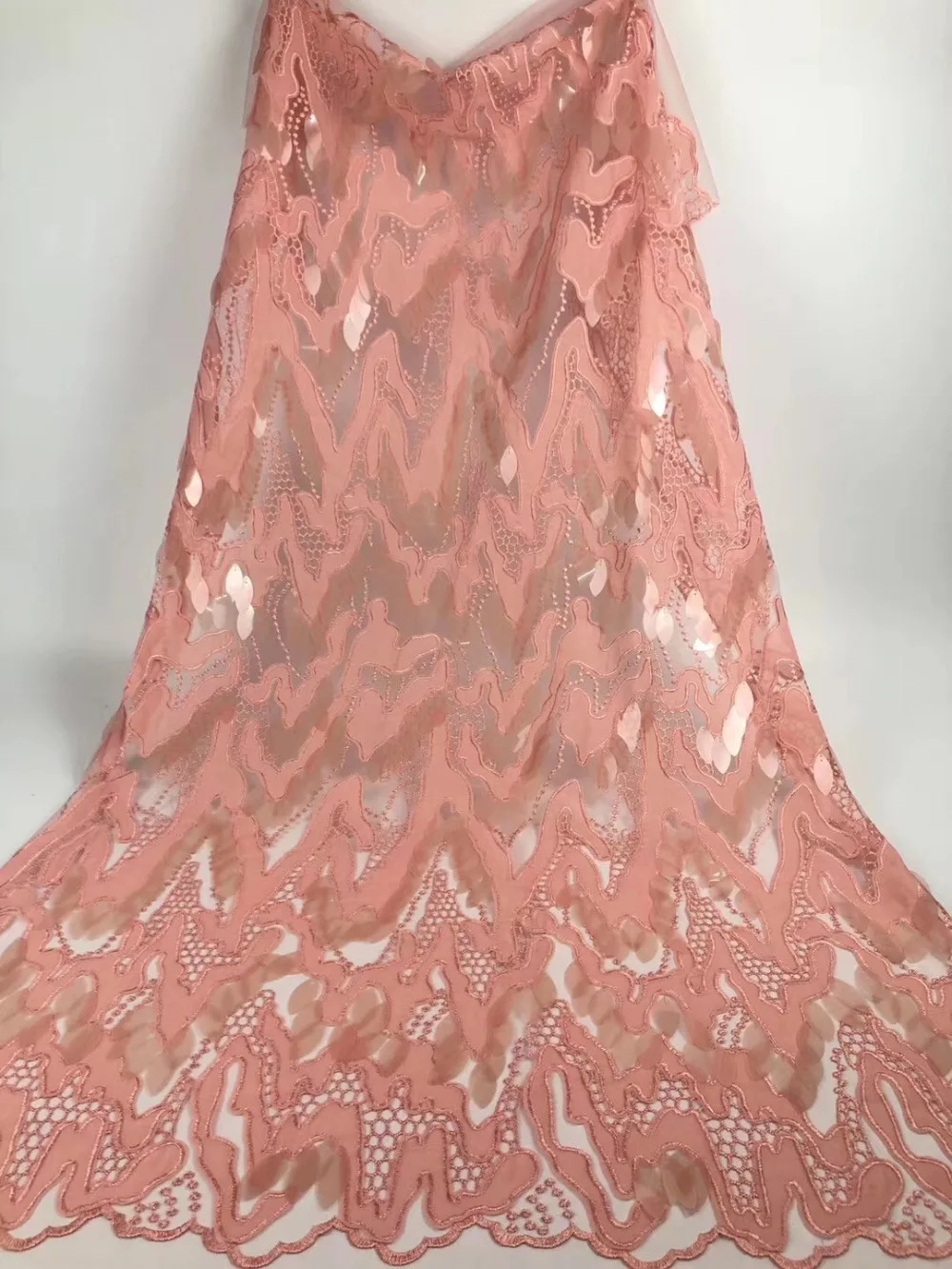 

Fashion African Lace Fabric High Quality peach Color Lace Nigerian Lce Fabric 2019 High Quality Lace With Beaded 5 Yards