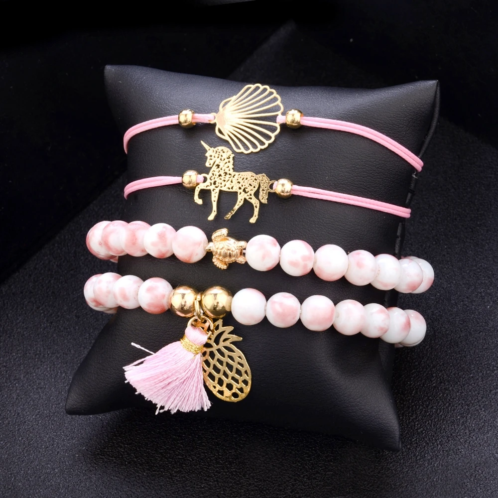 

1Set Braided Weave Bracelet Rope Pineapple/Shell/Flower Pearl Bracelets Set Multi-layer Lotus Flowers Leaf Heart Cuff Bangles