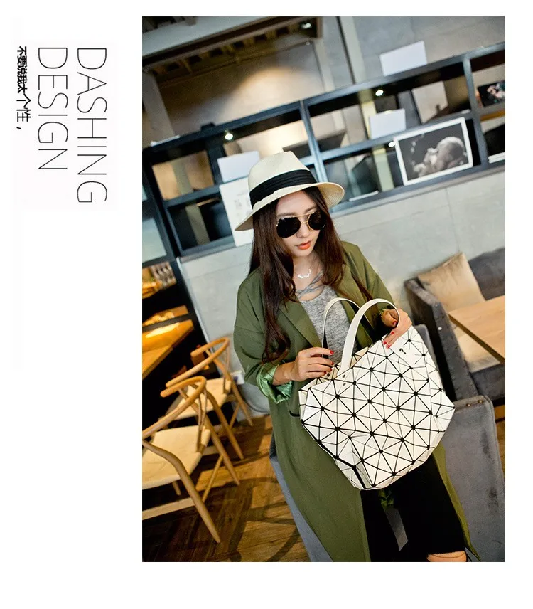 Deformable Women Handbag Geometry Quilted Plaid Mosaic Sequins Mirror Shoulder Tote Bag BaoBao Lattice Laser Foldable PU Bag (8)