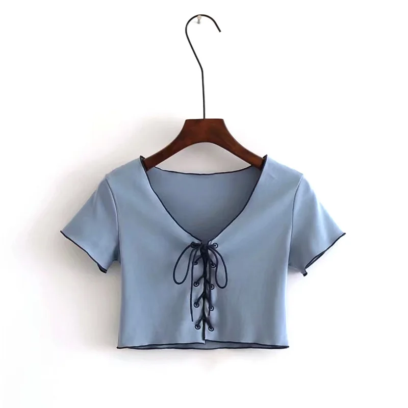 

Women sexy Lace-Up crop top slinky short sleeve v-neck t-shirt summer Casual Solid Tops shirt short tee blusa