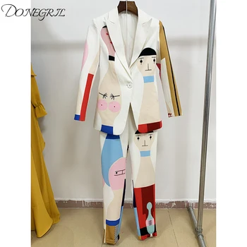

2019 New Spring Autumn Ekegant Women Cute Cartoon Pants Suits Blazer Slim Trousers Printing Outfits Quality Twin Sets