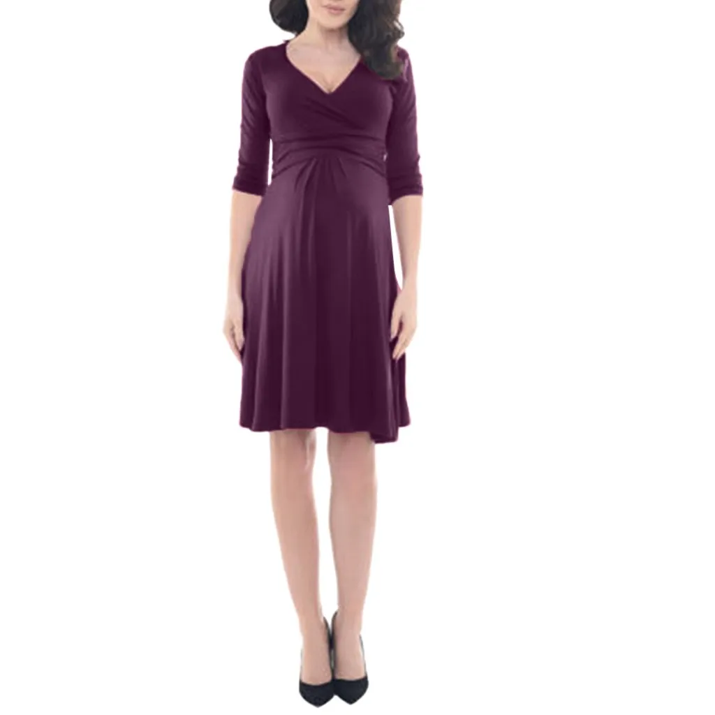 

Women's Maternity Dress Clothes high quality Solid Color 3/4 Sleeve V-Neck Formal Dress Pregnancy Clothes 2019 Hot Women Dress