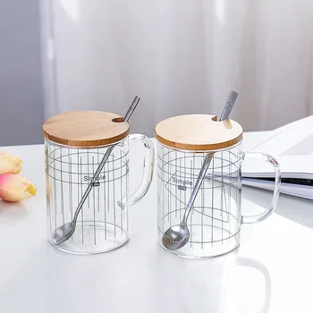 

500ml Geometric lines glass mug with bamboo cover spoon,Creative heat-resistant glass cup tea coffee cup Drinkware mugs
