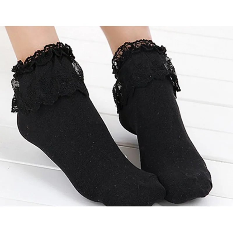 Женские винтажные кружевные носки с оборками черные короткие ярких цветов для