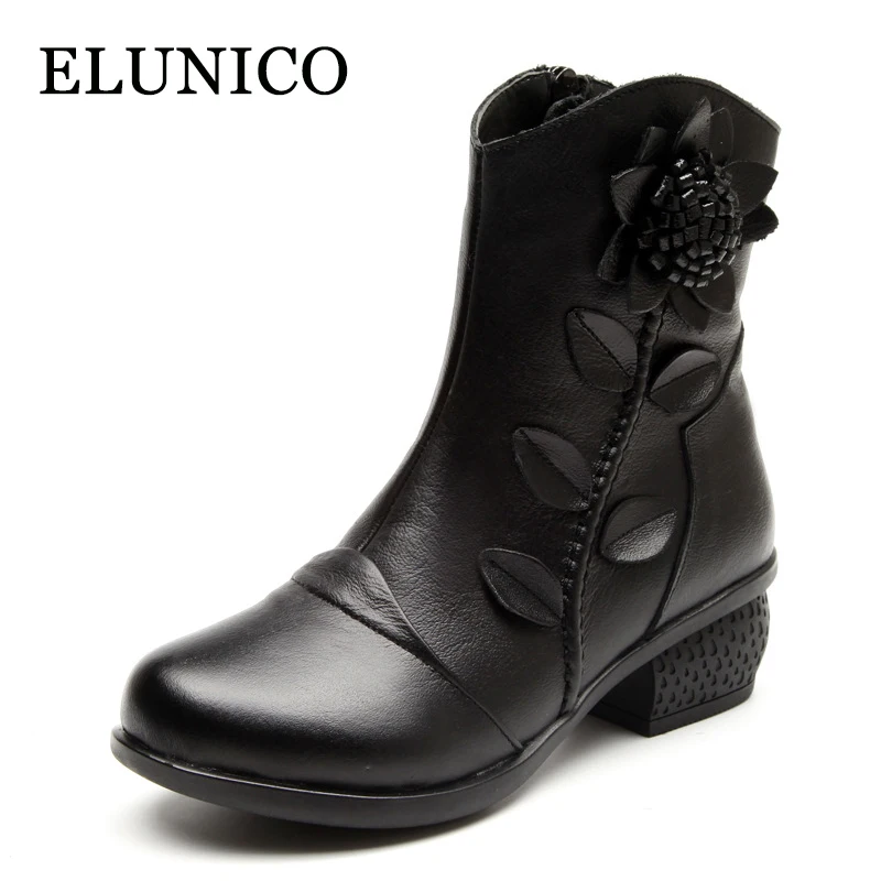 

ELUNICO 2019 Winter New Medium Heels Genuine Leather Women Boots Handmade Ethnic Style Retro Floral Warm Shoes Zapatos De Mujer