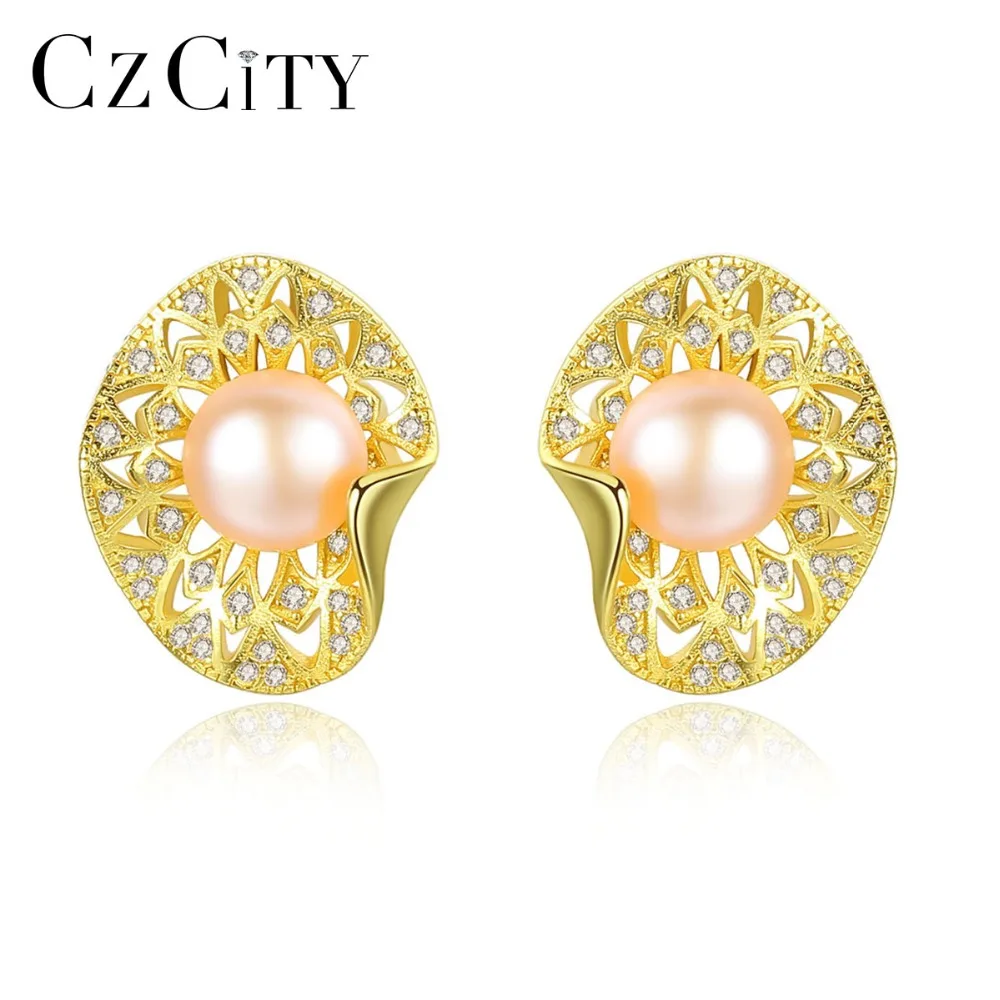 

CZCITY Elegant Series 7mm Natural Pearl Stud Earring for Women Unique Design Hollow Pattern S925 Silver Pearl Earrings Jewellery