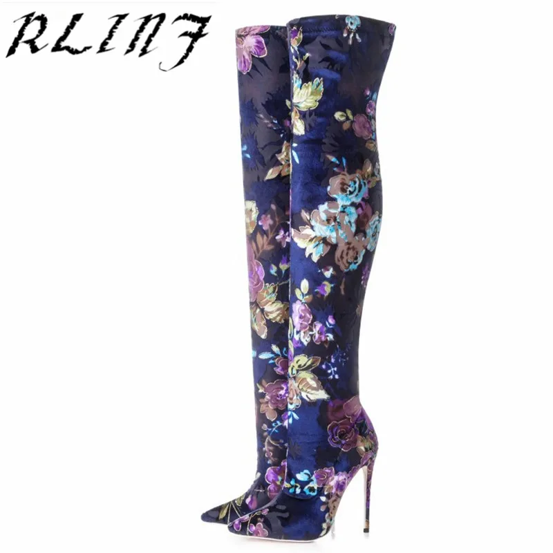 

RLINF Thigh High Boots Over The Knee Boots High Heel Fashion Embroidered Elastic Knee Boots Large Size 33-43