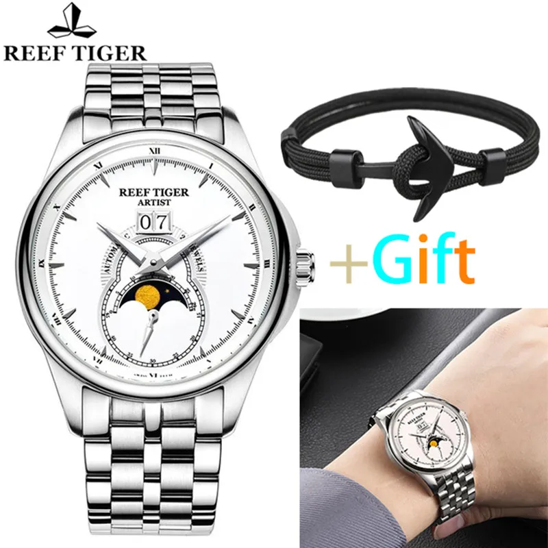 

Reef Tiger Brand Top Luxury Mechanical All Steel Moon phase Mens Watches Depth Waterproof Automatic reloj hombre+Gift RGA1928