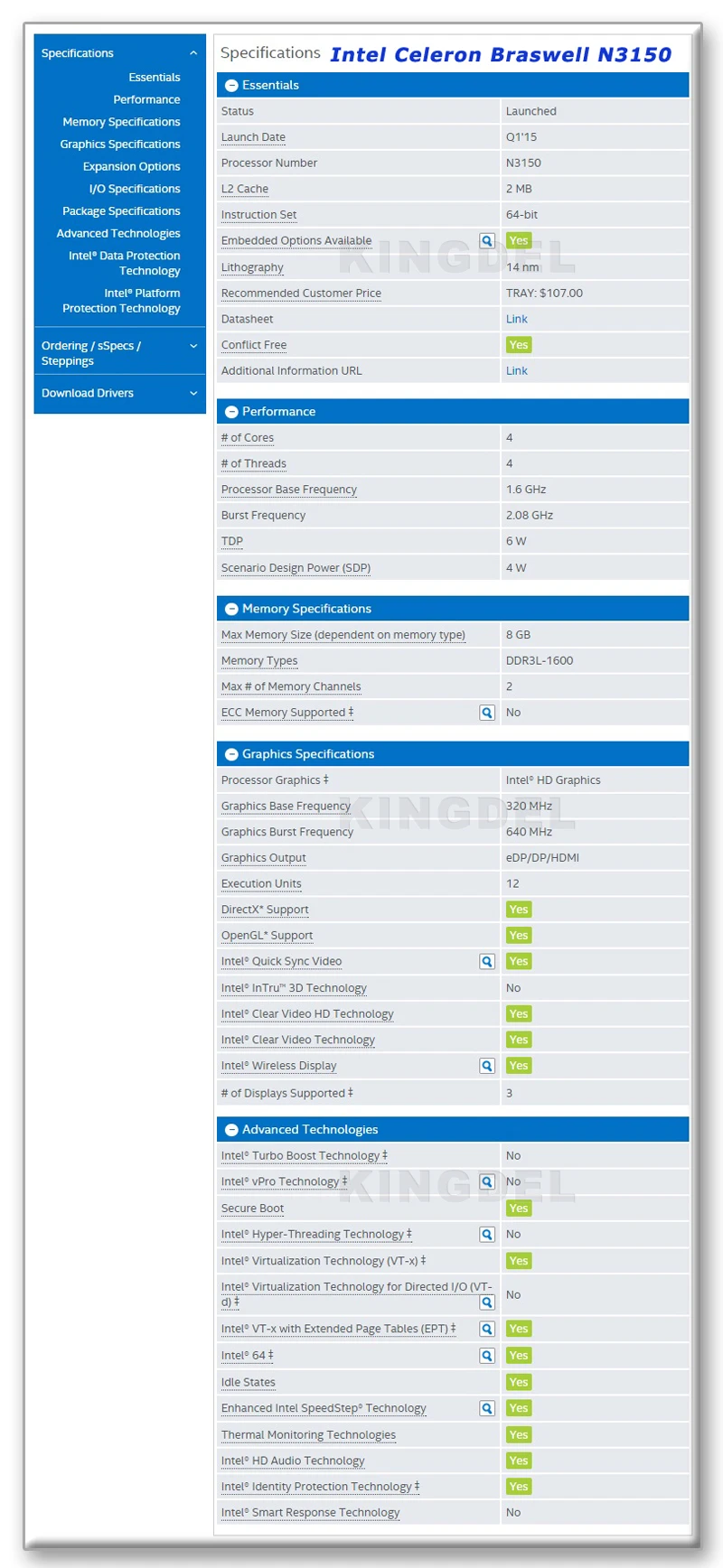 N3150 CPU Specification-