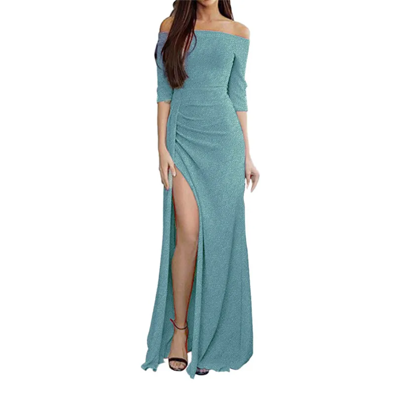 Solid Maxi Dress Off Shoulder Sexy Dress Half Sleeve Party Dress Casual Plus Size Dress Sweet Vestidos De Festa 40NE1624