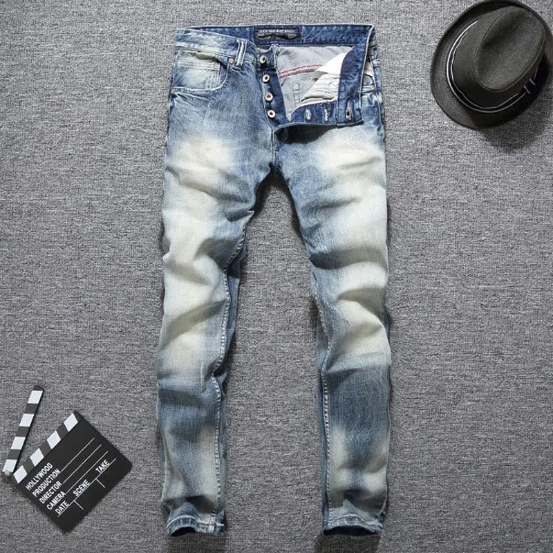 Italian Vintage Style Fashion Men Jeans Light Blue Slim Fit Elastic Ripped Jeans Men Classical Denim Buttons Pants Hip Hop Jeans Italian Vintage Style Fashion Men Jeans Light Blue Slim Fit Elastic Ripped Jeans Men Classical Denim Buttons Pants Hip Hop Jeans
