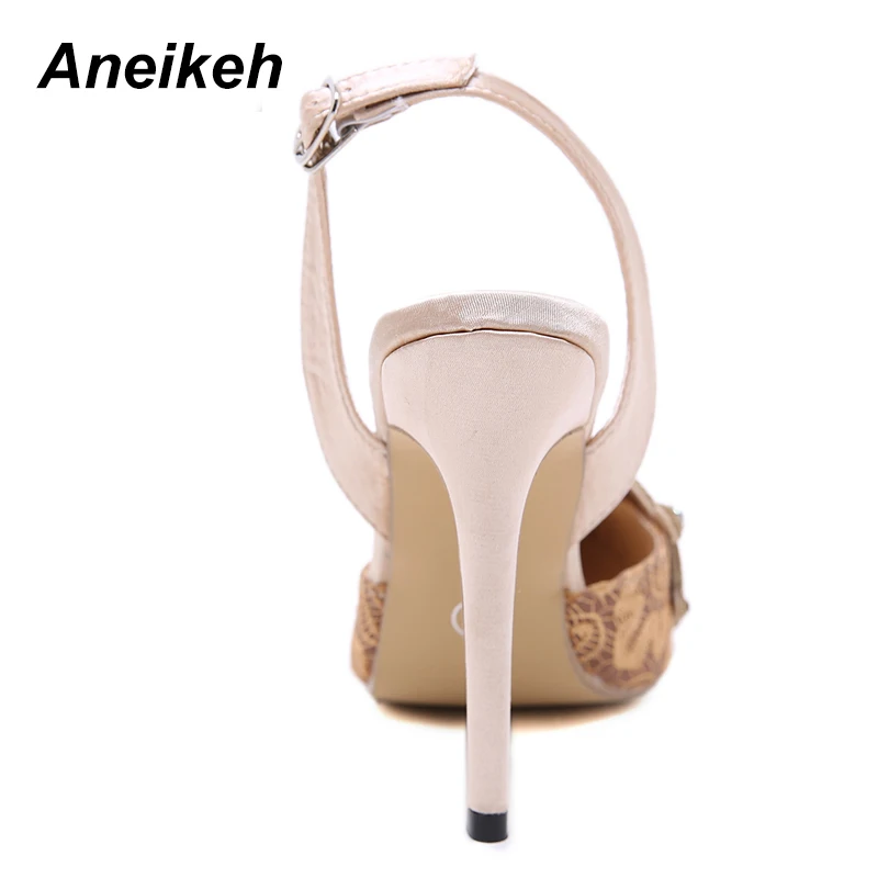 Aneikeh Fashion Silk Women Sandals Pointed Toe The Beads Thin High Heels Sandals Gladiator PU Sexy Party Apricot Size 35-40