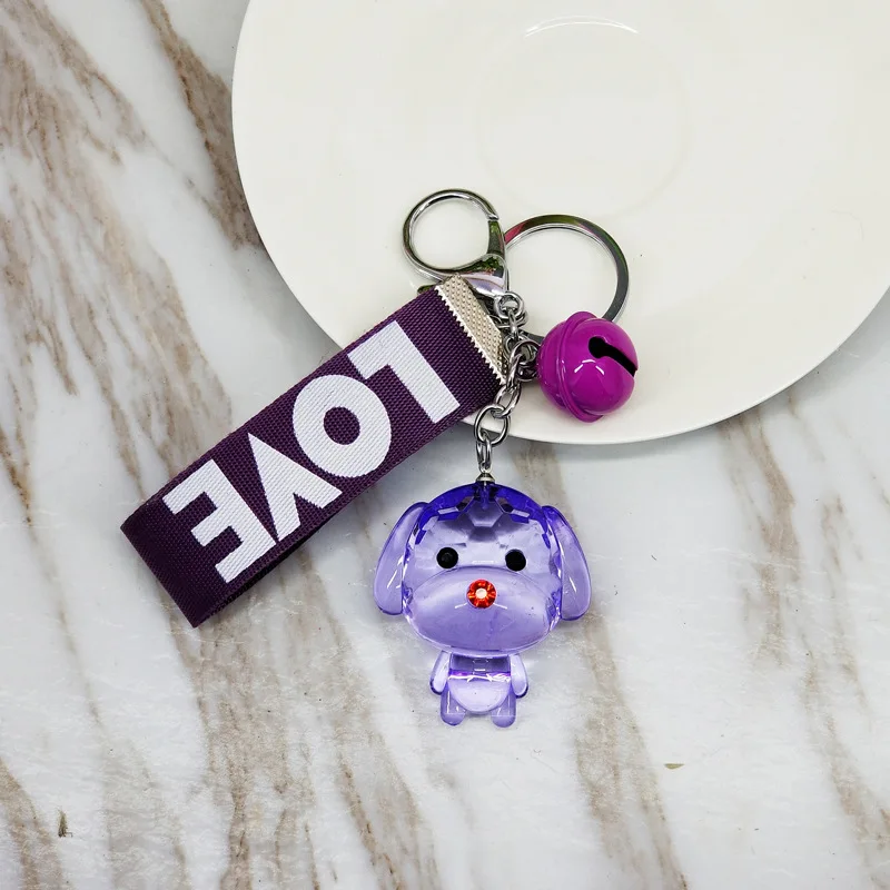 New cute resin acrylic animal bear, puppy, rabbit, color ribbon with bell cute temperament key ring pendant bag car pendant - Цвет: The dog -Taro purple