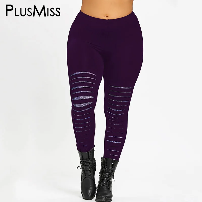 PlusMiss размера плюс 5XL Galaxy принт со звездой и рваных леггинсов женская одежда Фитнес Легинсы большой Размеры пикантные тренировки брюки - Цвет: purple