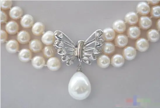 

Hot sale new Style >>>>> 3row 9mm WHITE ROUND FRESHWATER PEARL NECKLACE butterfly