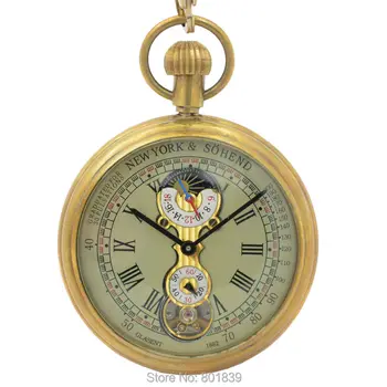 

ROMAN NUMBER DIAL WIND UP MECHANICAL POCKET WATCH VINTAGE TOURBILLON MOONPHASE COPPER TONE H035