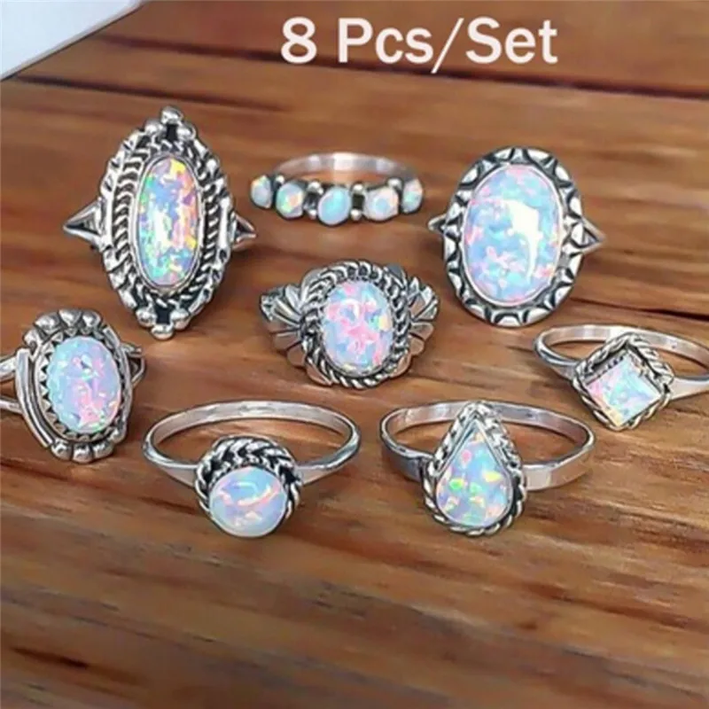 

8PCS/Set Bohemian Rings Set Natural Fire Opal Ring Wedding Engagement Set Geometric Rings Set Summer Beach Jewelry
