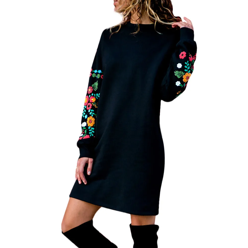 

Women Autumn Winter Dress Casual Batwing Sleeve Floral Embroidery Sweatshirt Dress Thick Warm Harajuku Streetwear Dresses