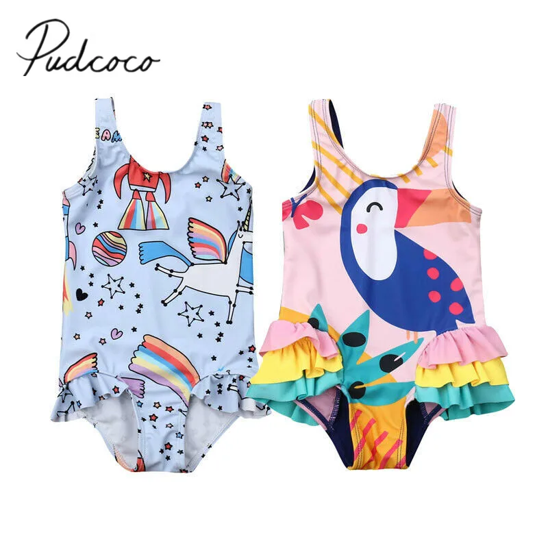 

2019 Summer Swimsuit One Piece Swimwear Kids Baby Girls Cartoon Unicorn Birds Bikini Swimwear Swimsuit Bathing Beachwear 6M-5T