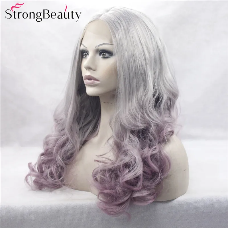 Strongbeauty длинный кудрявый серый парик Синтетический Ombre серебристый розовый/фиолетовый парик на кружеве два тона