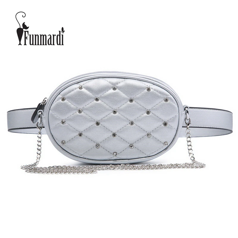 FUNMARDI الماس تصميم الخصر حزم الفضة مبطن بو الجلود حقائب كتف المخملية الأسود الخصر حقيبة أزياء النساء حقيبة WLHB1741