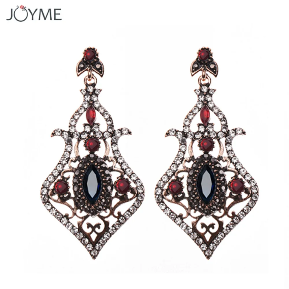 

Turkish Gold Color Dorp Earrings For Women Red Blue Resin Crystal Flower Earring Vintage Party Female Brinco Bridal Women Bijoux