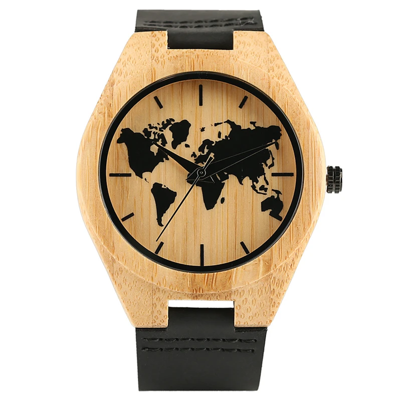 

Handcraft Men Wood Watch Bamboo Carving World Map Design Quartz Analog Leather Band Fashion Father's Day Gift bayan kol saati