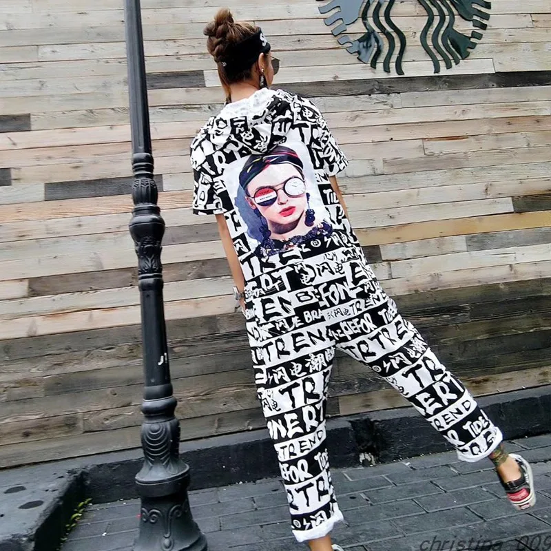 summer Women High Street Letter Printed Ankle-Length Pants Hip Hop Design Short Sleeve Jumpsuit Hooded One Piece Overalls shein summer Women High Street Letter Printed Ankle-Length Pants Hip Hop Design Short Sleeve Jumpsuit Hooded One Piece Overalls shein