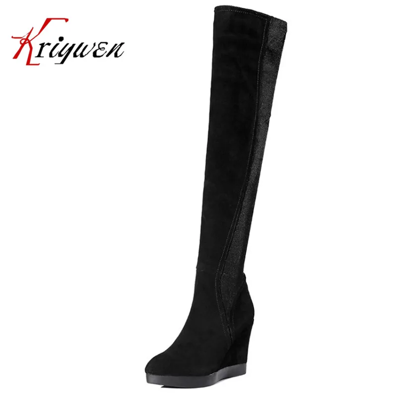 

2017 New winter autumn women Boots Motorcycle Thick High Heels cow suede sexy lady shoes long boots female Platforms Botas Mujer