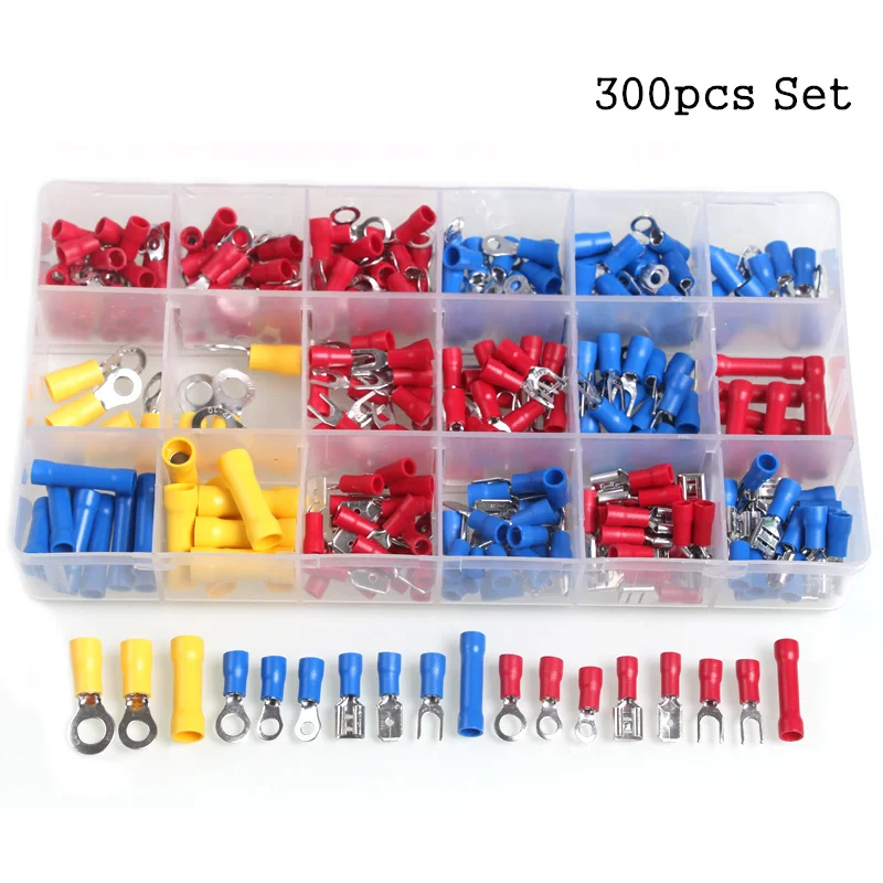 

300pcs Electrical Wire Crimp Terminals Kit Insulated Terminator Spade Butt Connectors Red Yellow Blue 3 Colors With Box