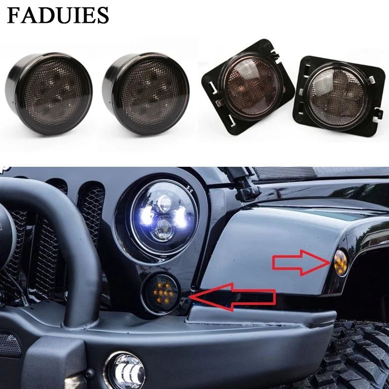

FADUIES 2Psc Amber Front LED Turn Signal Light Assembly For 2007~2016 Jeep Wrangler JK Turn Lamp Fender Led Light Smoke Lens