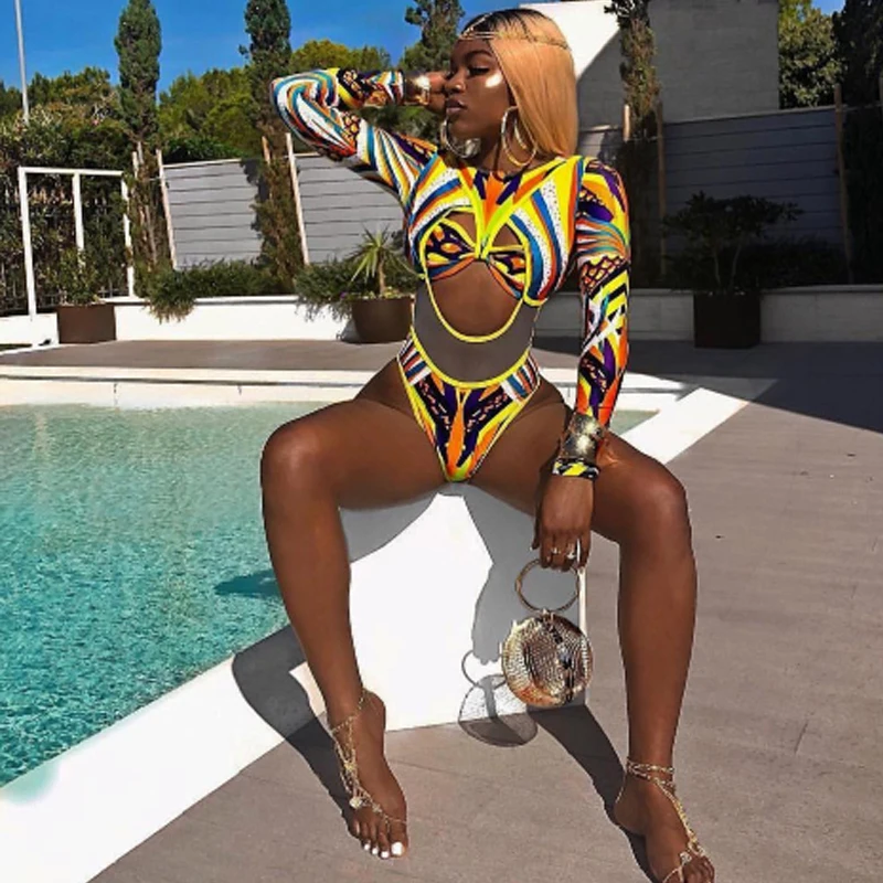

Mesh High Waisted Bathing Suit Women African Print One Piece Swimsuit 2019 Cut Out Long Sleeve Swimwear Female Sexy Swim Suit