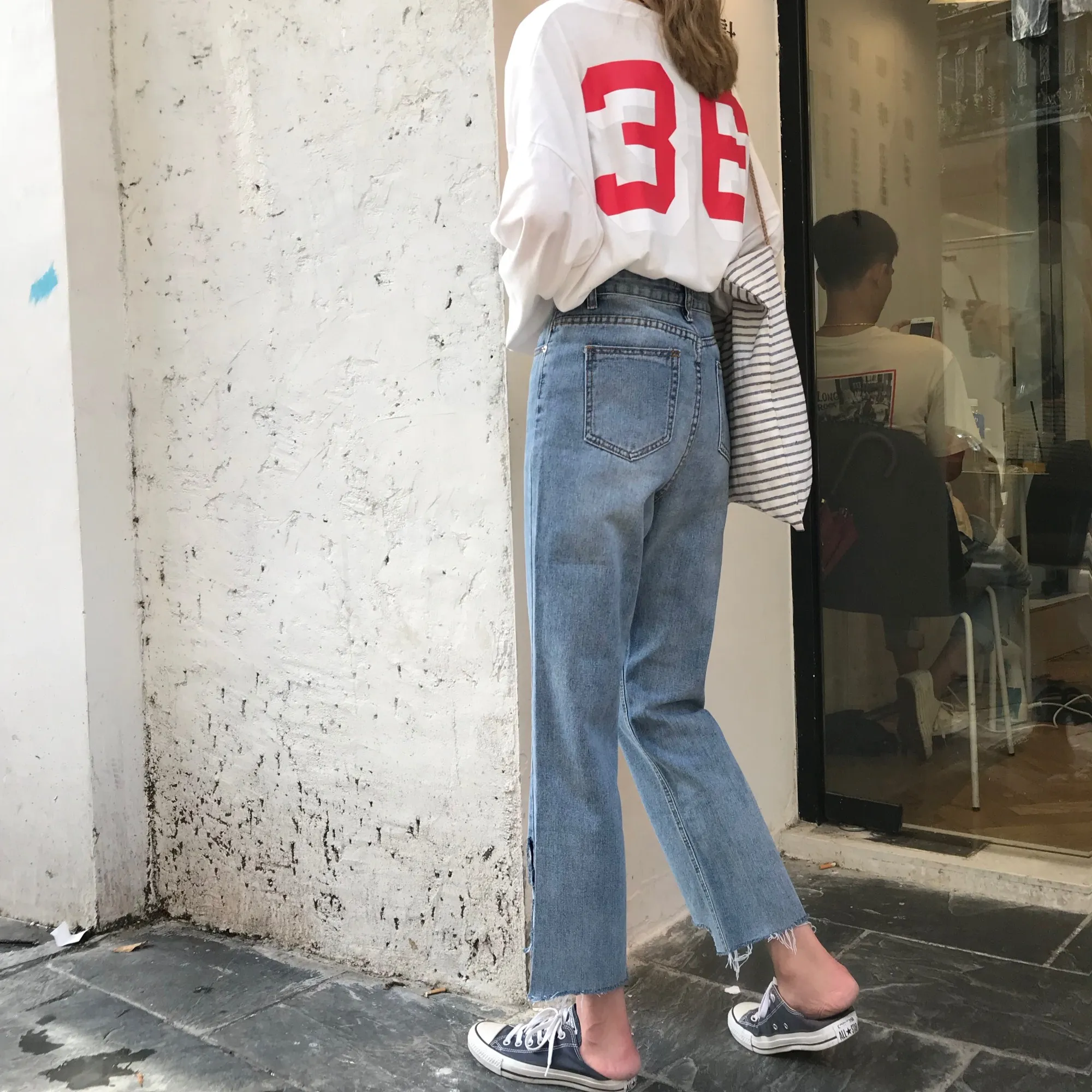 Женские рваные джинсы модные Студенты корейский стиль прямые брюки универсальные с высокой талией женские свободные досуг женские
