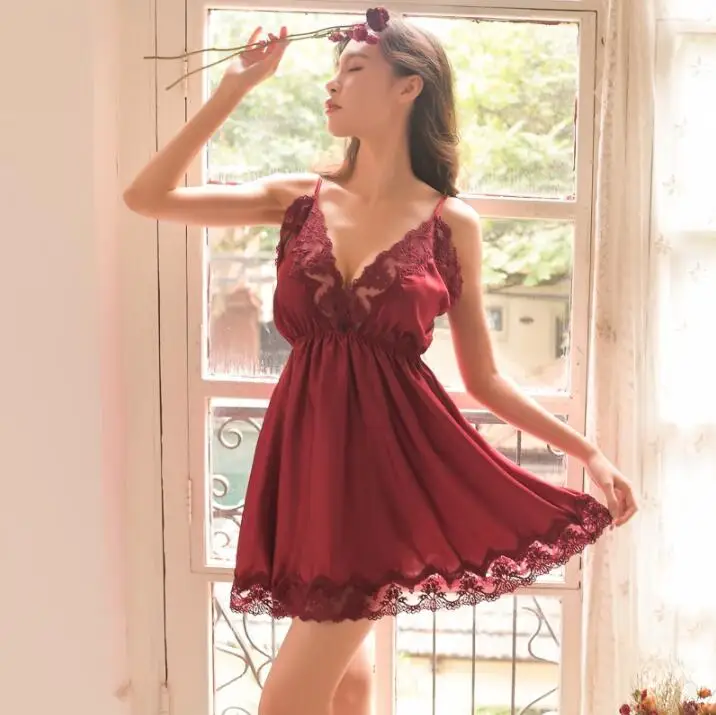 

Summer Nightdress Lace Nightwear Satin Sexy Spaghetti Strap Nightshirts Silk Sleepwear Women Nightgowns Sleepshirts