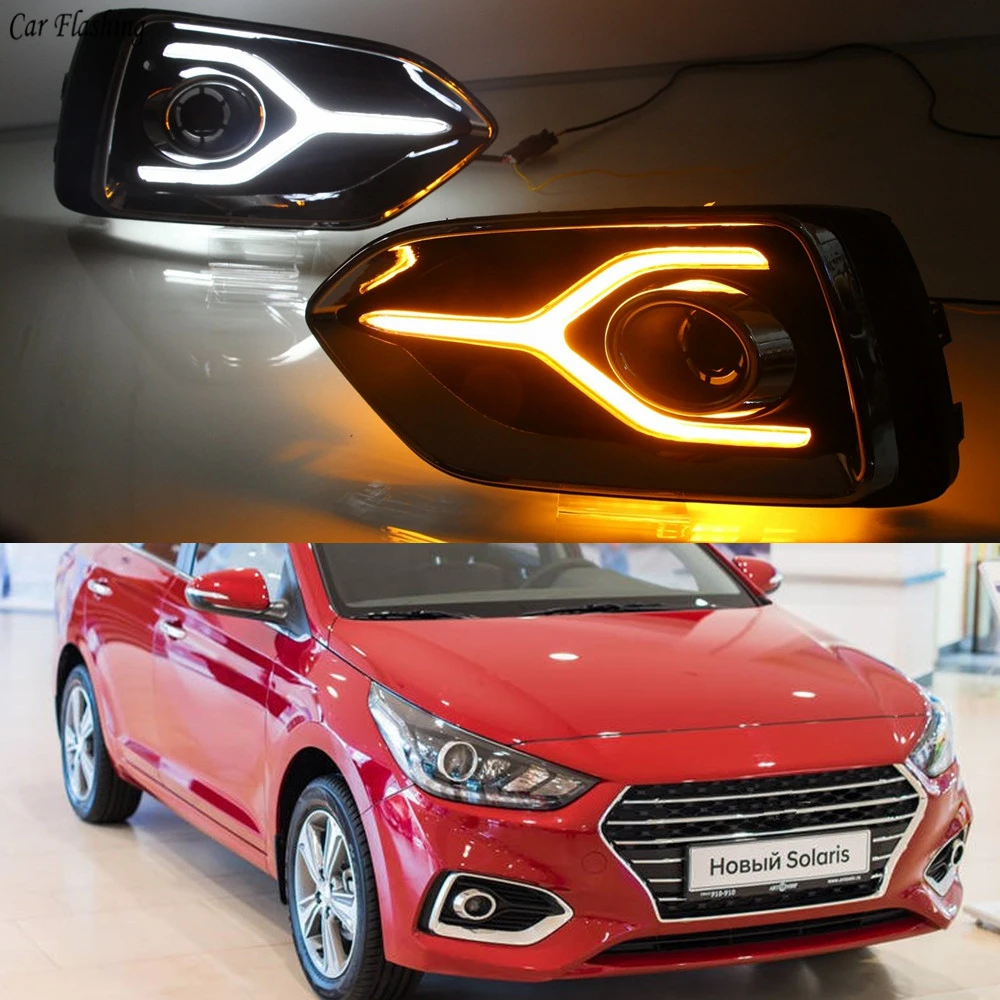 

1Pair Yellow Turn Signal Function 12V Car DRL LED Daytime Running Light Fog Lamp For Hyundai Accent Solaris 2017 2018 2019