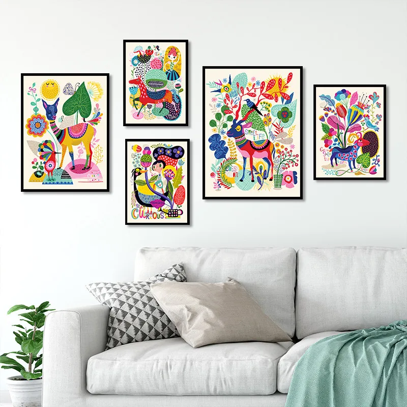 

Hot sale Nordic style Sheep Horse girl bird Leaf Flower Art Canvas Poster and Print Canvas Painting Decorative Wall Decor P0062