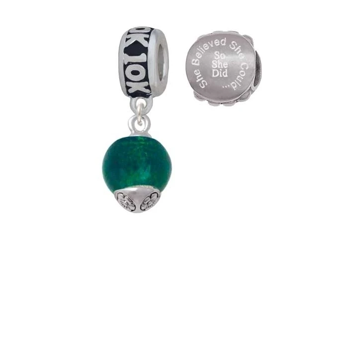 12mm Teal Roller Spinner with Silvertone Lining Glass Spinner 10K Run She Believed She Could Charm Beads (Set of 2)