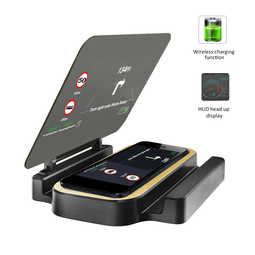 

Car Multi-Functional Mobile Phone HUD Navigation Holder Navigation Head-Up Projection 5V 2A Wireless Charging