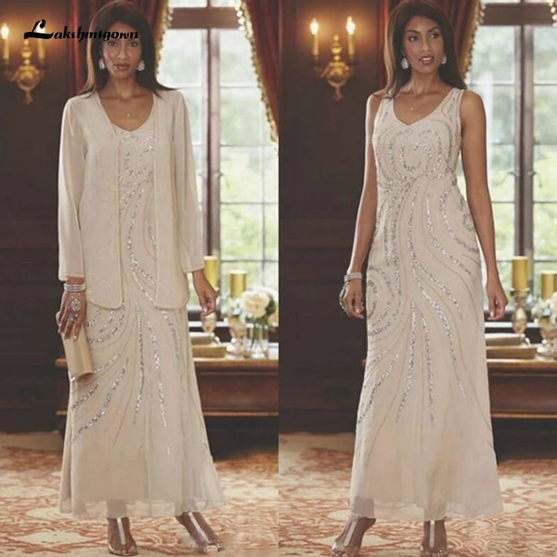 

lakshmigown Vintage Mother of the Bride Dresses with Jacket Suit Bling Bling Beads Ankle Length Chiffon vestido de madrinha 2019