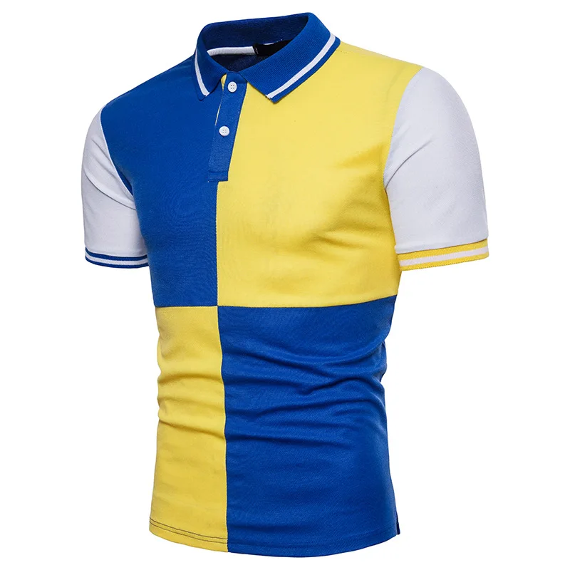 

Summer Polo Shirt Men Cotton Blends Breathable Patchwork Slim Contrast Color turn-down collar Short Sleeve Polos men BINHIIRO