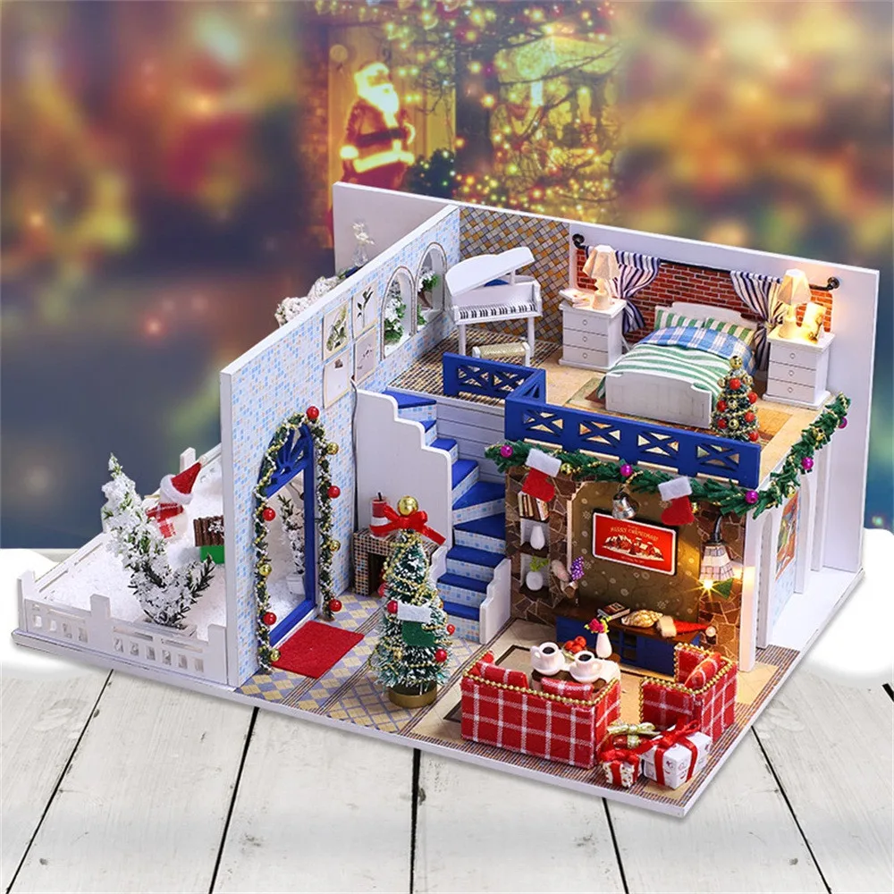 Рождественский подарок новые милые Мультяшные деревянные DIY Миниатюрные домики мебель светодиодный дом украшения креативные рождественские подарки