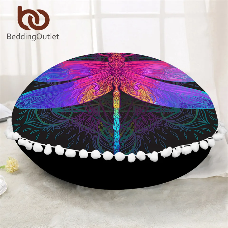 

BeddingOutlet Dragonfly Mandala Round Floor Pillow Case Colorful Cushion Cover Poufs Purple Pink Boho Decorative Pillow Cover