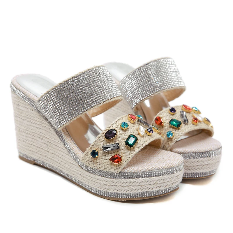 

2019 Women Crystal 10cm High Heels 3.5cm Platform Wedges Sandals Cane Rope Slides Diamond Slippers Beach Luxury Shoes YCHQ-1