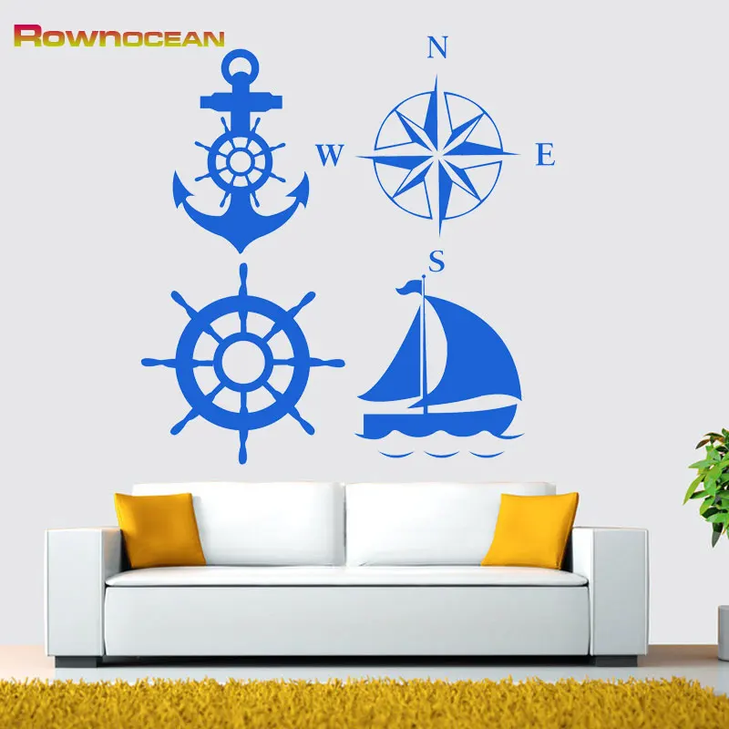 New 2017 Anchor Compass Rudder Sailboat Nautical Wall Stickers Home Decor Living Room Vinyl DIY Ornamentation Muurstickers C-03